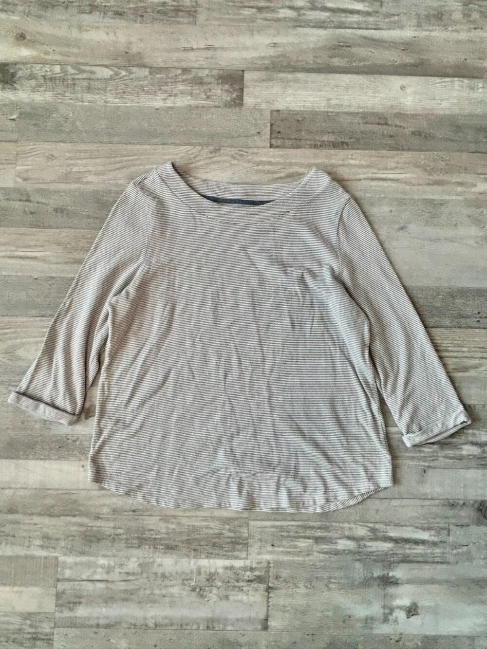 Talbots Grey White Stripe 3/4 Sleeve Boat Neck Pullover Top Size XL Stretch K38